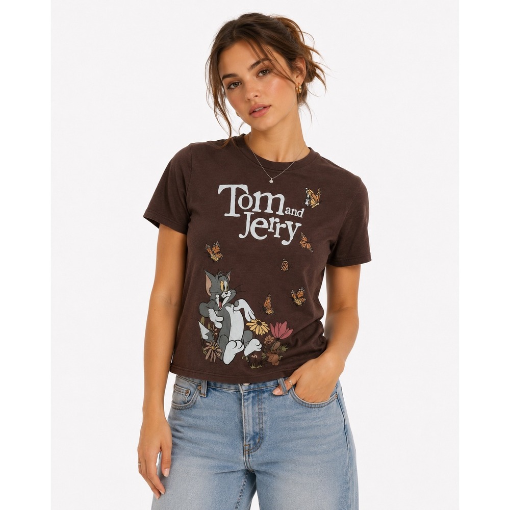 Hybrid Tom and Jerry T-Shirt Women Small Brown Butterfly Graphic Tee Cartooncore